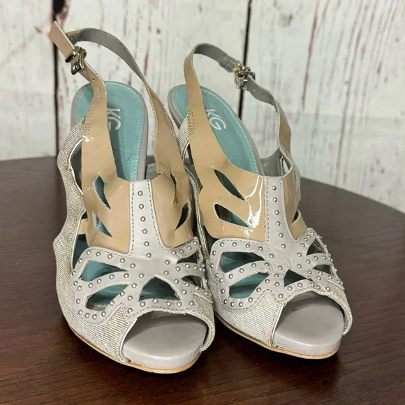 KG KURT GEIGER DENIM, Calf, PATENT Leather Laser Cut Studded heeled Sandals 37 - Picture 4 of 16